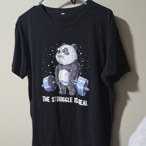 Black Graphic Tee with Panda Weightlifter - The Struggle Is Real